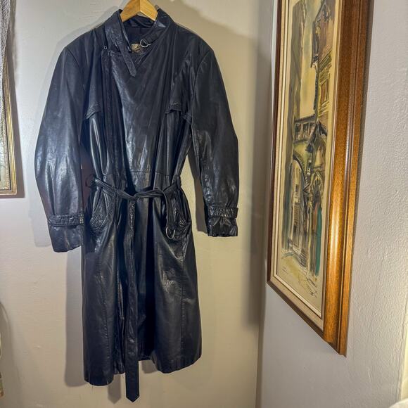 Vintage 80s/90s BERMAN'S The Leather Experts Black Leather Trench Coat - Picture 2 of 16